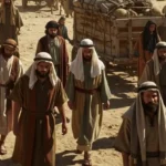 Orang orang Yahudi dan Arab kuno berjalan bersama kuda dan keledai di gurun menggambarkan akar sejarah yang satu dalam rumpun Semitik dan penyembahan kepada Tuhan yang sama