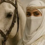 Seorang gadis berjilbab berdiri di samping seekor kuda melambangkan perpaduan antara budaya kesederhanaan dan kekuatan batin