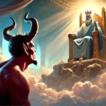 Siluet iblis menatap sosok bercahaya yang duduk di atas singgasana menggambarkan pertarungan antara cinta dan ketakutan dalam diri manusia