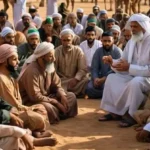 Imam berpakaian putih dikelilingi murid yang mendengarkan dengan penuh hormat melambangkan tradisi keilmuan dan sikap saling menghargai antarmazhab dalam Islam
