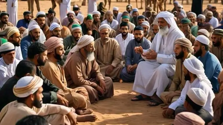 Perbedaan Mazhab dalam Islam  Bitchology Imam berpakaian putih dikelilingi murid yang mendengarkan dengan penuh hormat melambangkan tradisi keilmuan dan sikap saling menghargai antarmazhab dalam Islam