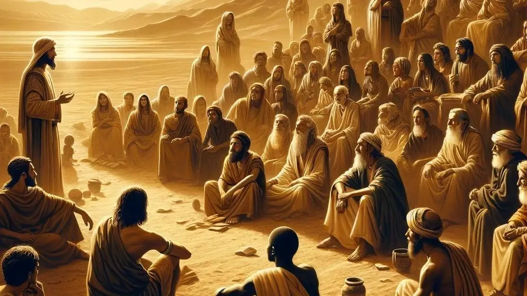 Seminar Yesus Suara di Antara Waktu  Bitchology Pria berpakaian masa Yesus berbicara di depan banyak orang melambangkan pencarian otentisitas ucapan Yesus dan makna yang tersisa dari sejarah ajarannya