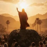 Siluet seorang figur berdiri di atas gundukan dikelilingi banyak orang melambangkan ragam tafsir tentang Yesus dan Isa dalam lintas bahasa dan iman