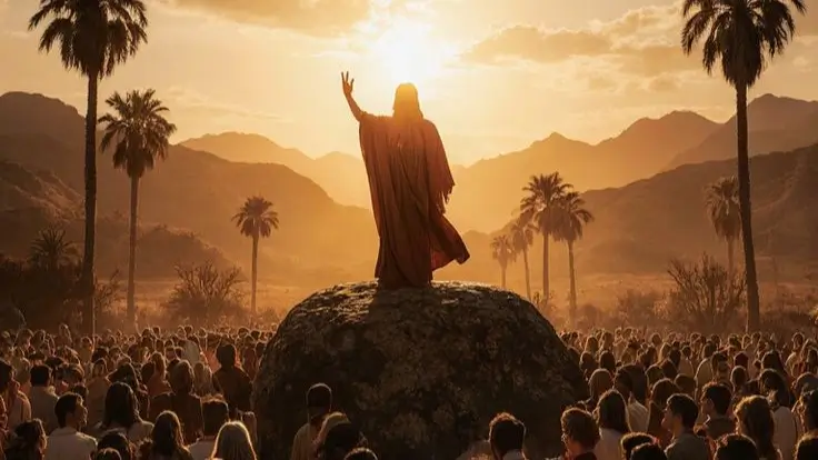 Yesus dan Isa  Bitchology Siluet seorang figur berdiri di atas gundukan dikelilingi banyak orang melambangkan ragam tafsir tentang Yesus dan Isa dalam lintas bahasa dan iman