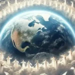 Ilustrasi bumi yang dikelilingi para malaikat bersinar menggambarkan kehadiran makhluk langit yang menjaga kehidupan hingga tiba waktu yang ditentukan Tuhan