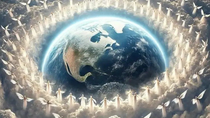 apakah malaikat bisa mati  Bitchology Ilustrasi bumi yang dikelilingi para malaikat bersinar menggambarkan kehadiran makhluk langit yang menjaga kehidupan hingga tiba waktu yang ditentukan Tuhan